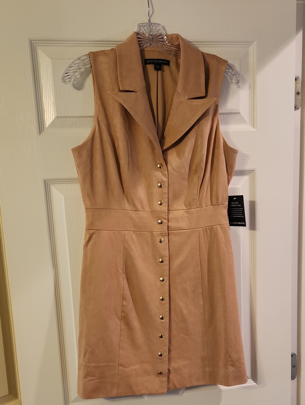 Boston Proper Tan Sleeveless Faux-Suede Button Front Dress
